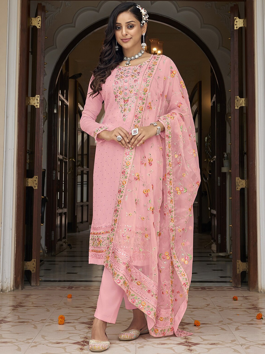 

ODETTE Floral Embroidered Sequinned Semi Stitched Kurta with Trousers & Dupatta, Pink