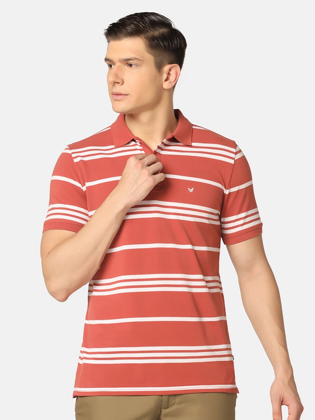 

Blackberrys Horizontal Striped Polo Collar Slim Fit Cotton T-Shirt, Coral