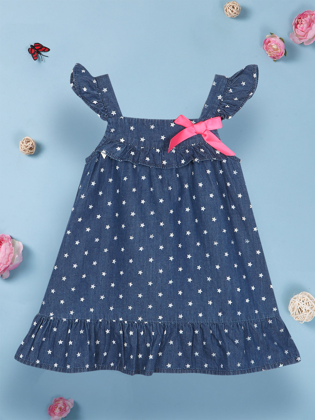 

Nauti Nati Girls Polka Dot Printed Gathered Square Neck A-Line Dress, Blue