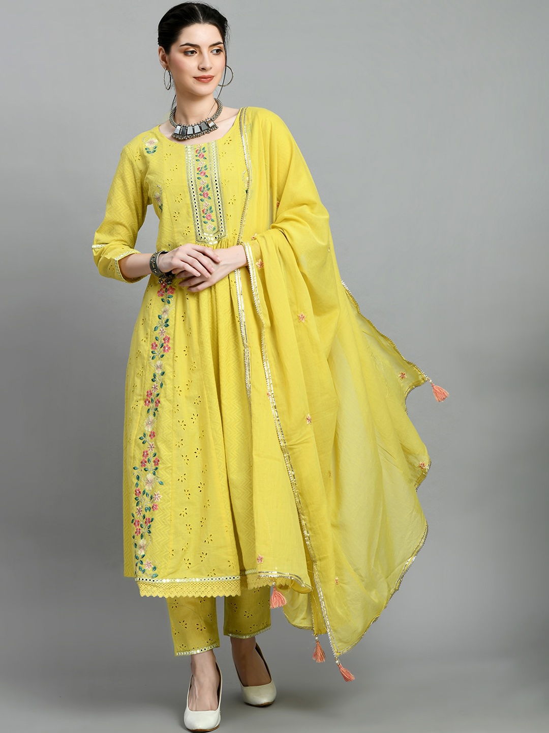 

Kurtipedia Floral Embroidered Mirror Work Pure Cotton Kurta With Trousers & Dupatta, Yellow