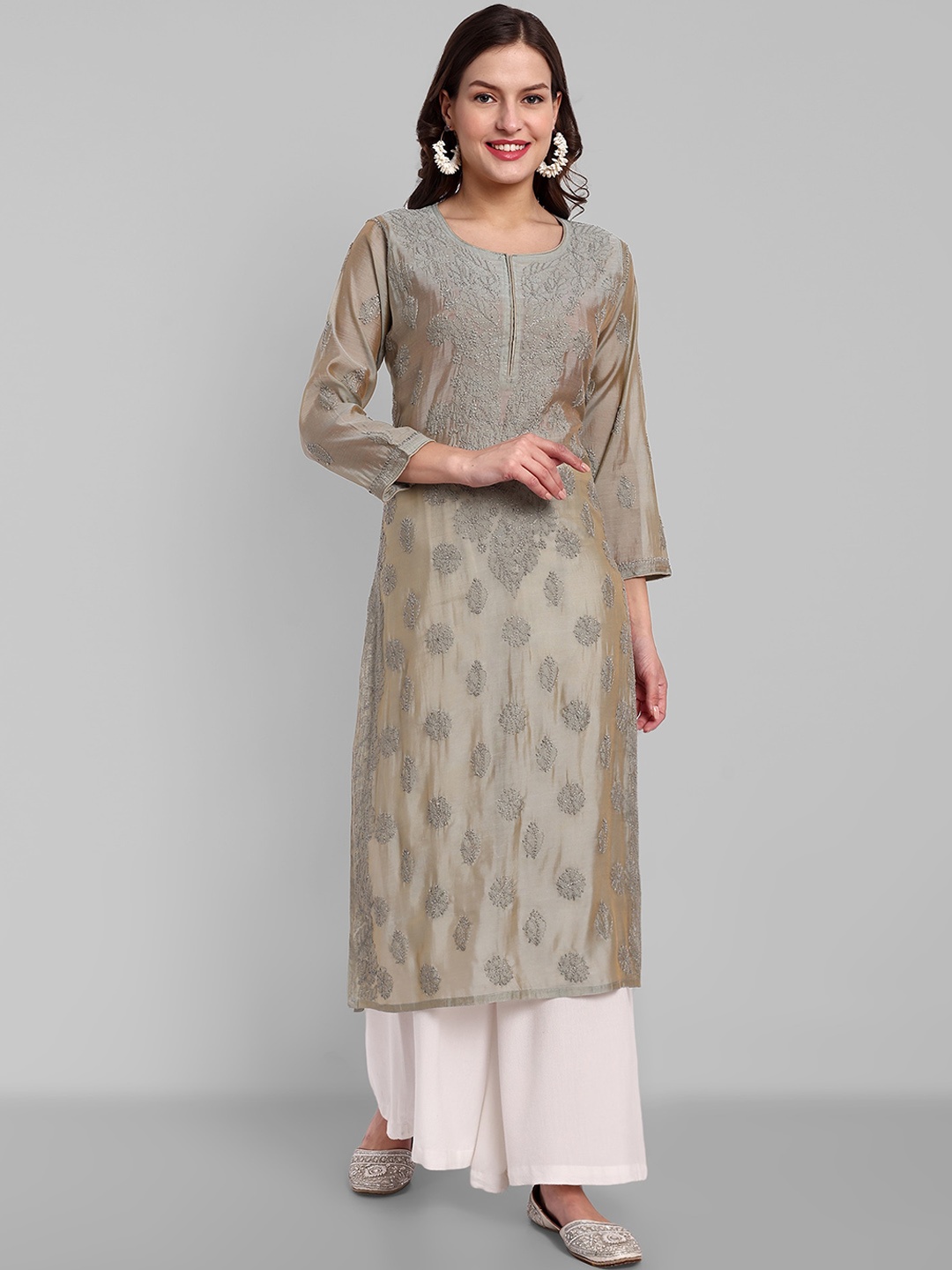

ADA Ethnic Motifs Embroidered Chikankari Kurta, Grey