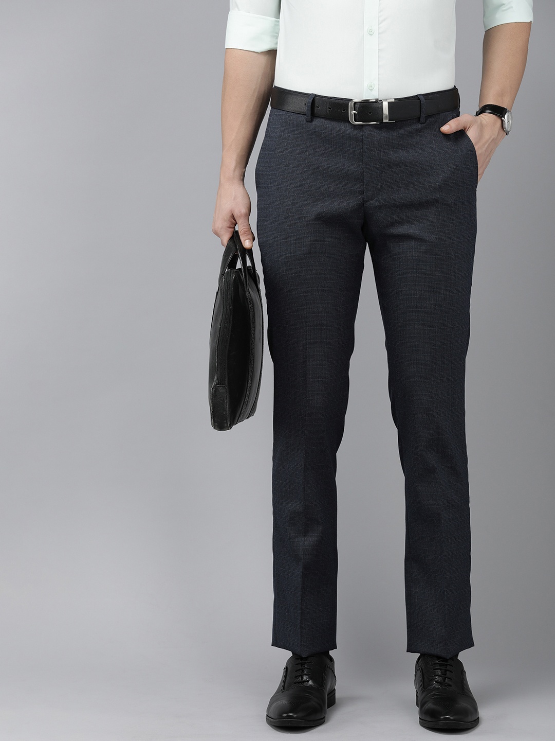 

Arrow Men Self Design Textured Tailored Fit Formal Trousers, Navy blue