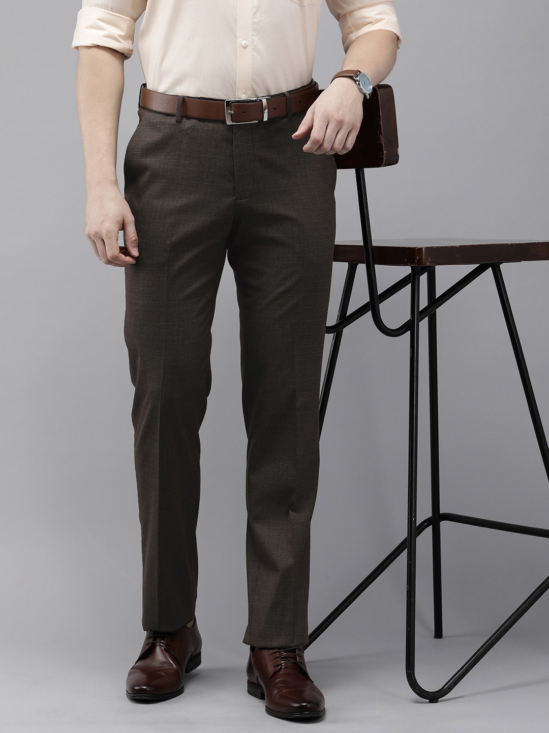 

Arrow Men Mid-Rise Self Design Textured Tailored Fit Formal Trousers, Brown