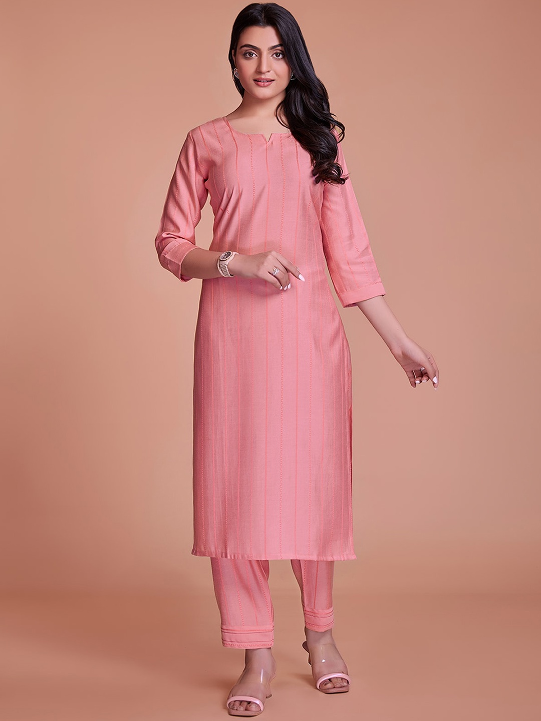 

ODETTE Striped Straight Kurta with Trousers, Pink