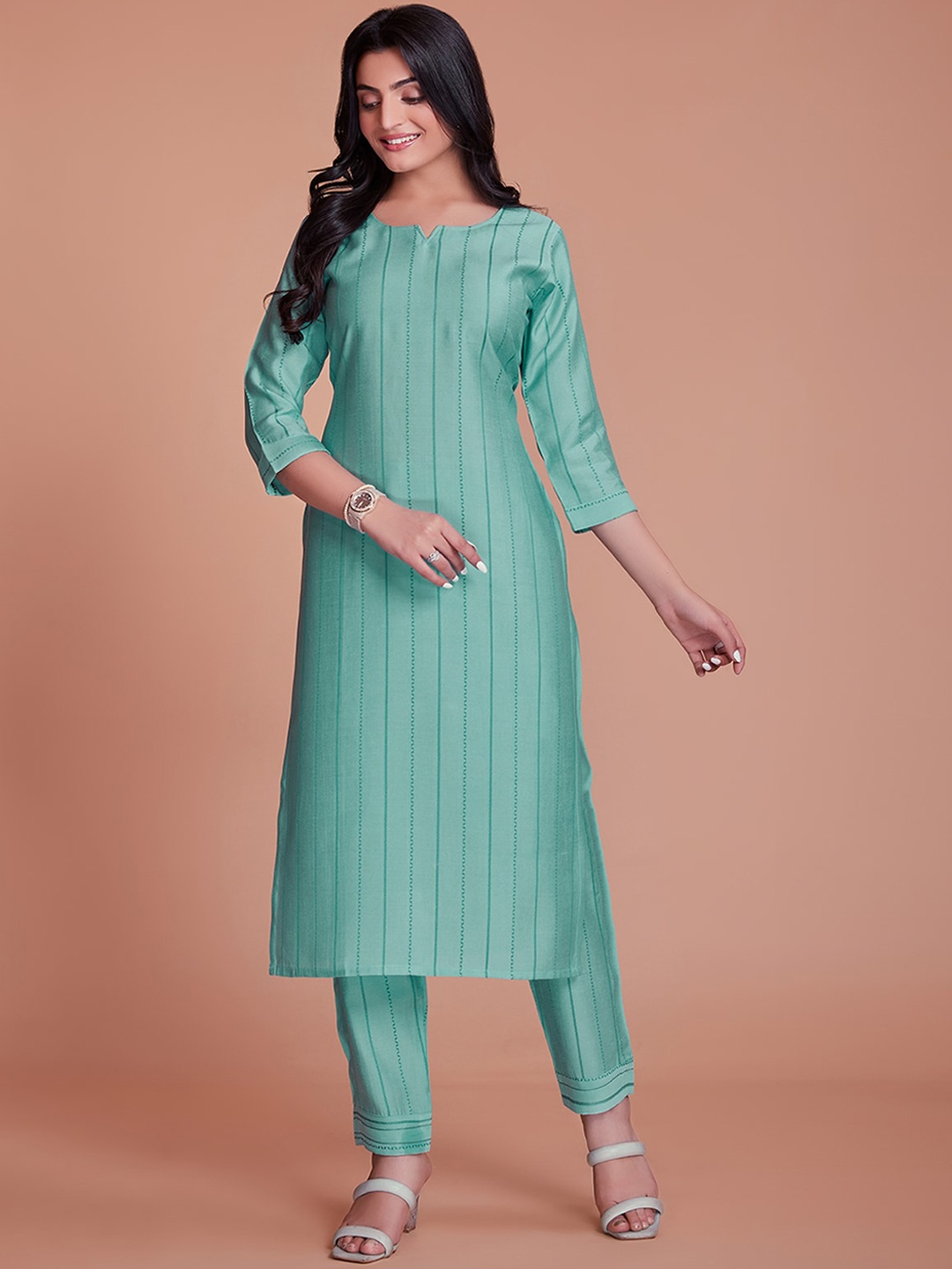 

ODETTE Striped Straight Kurta with Trousers, Blue