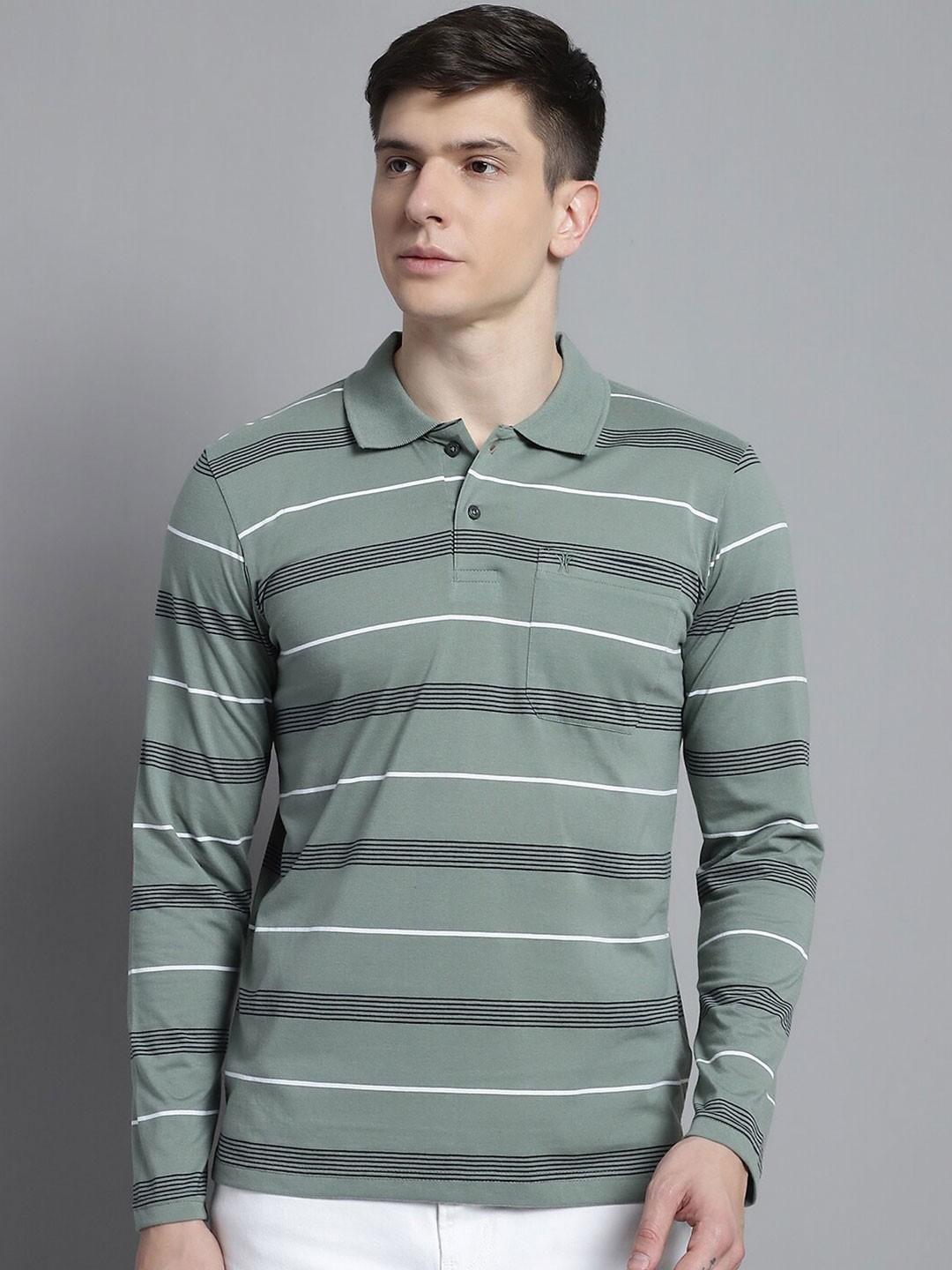

VENITIAN Striped Polo Collar Slim Fit Cotton T-Shirt, Green