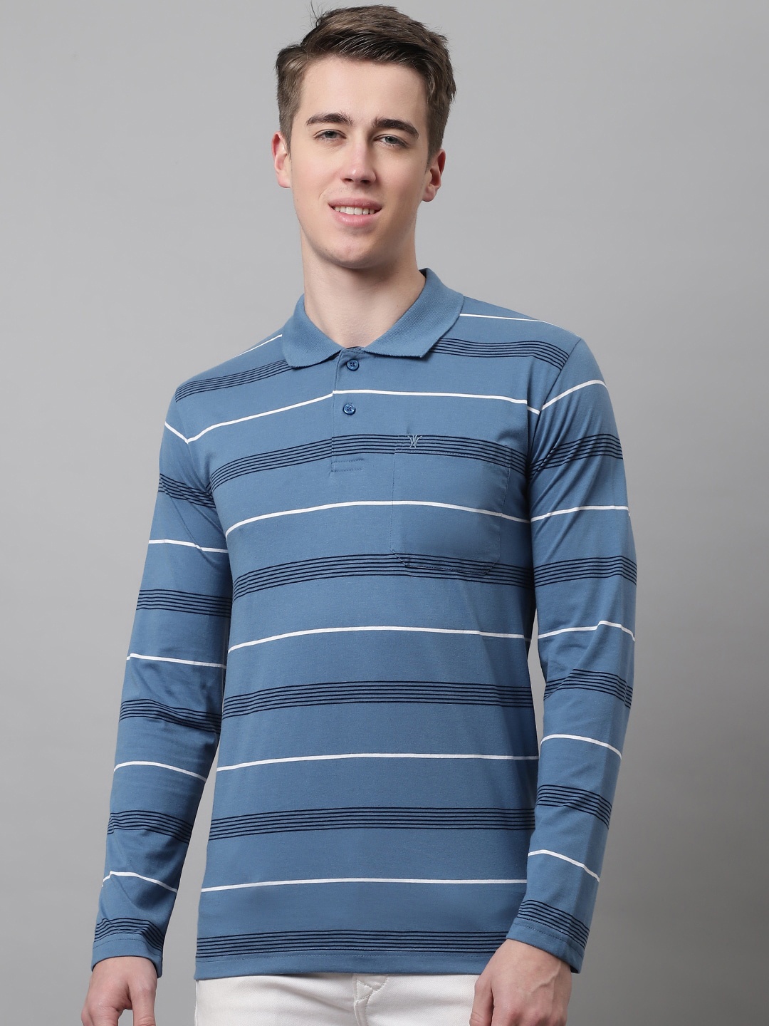 

VENITIAN Striped Polo Collar Slim Fit Cotton T-Shirt, Blue