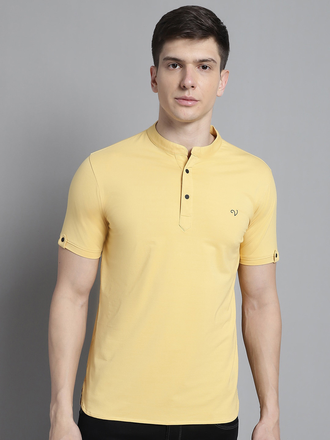 

VENITIAN Mandarin Collar Slim Fit Cotton T-Shirt, Yellow