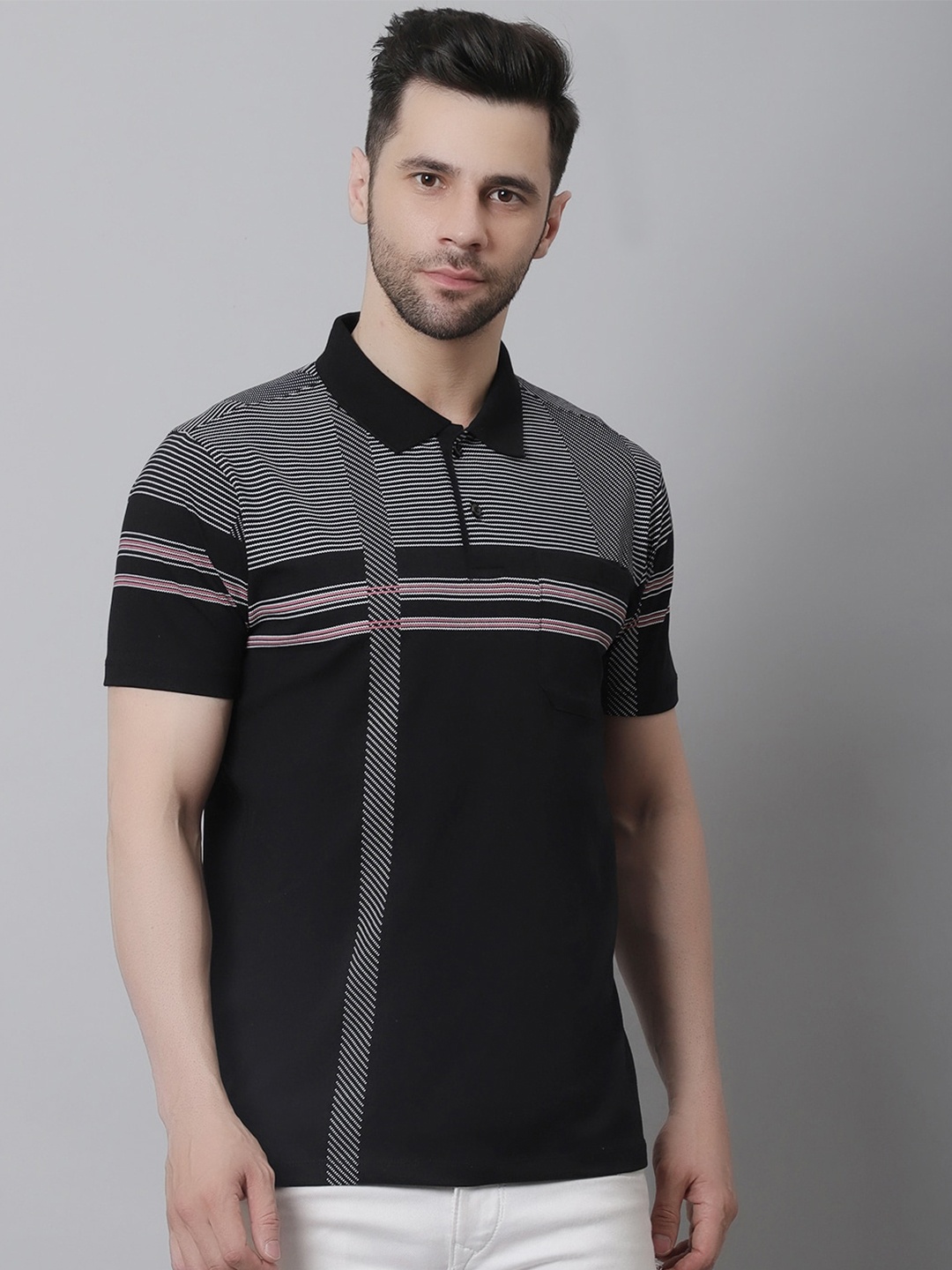 

VENITIAN Striped Polo Collar Slim Fit Cotton T-Shirt, Black