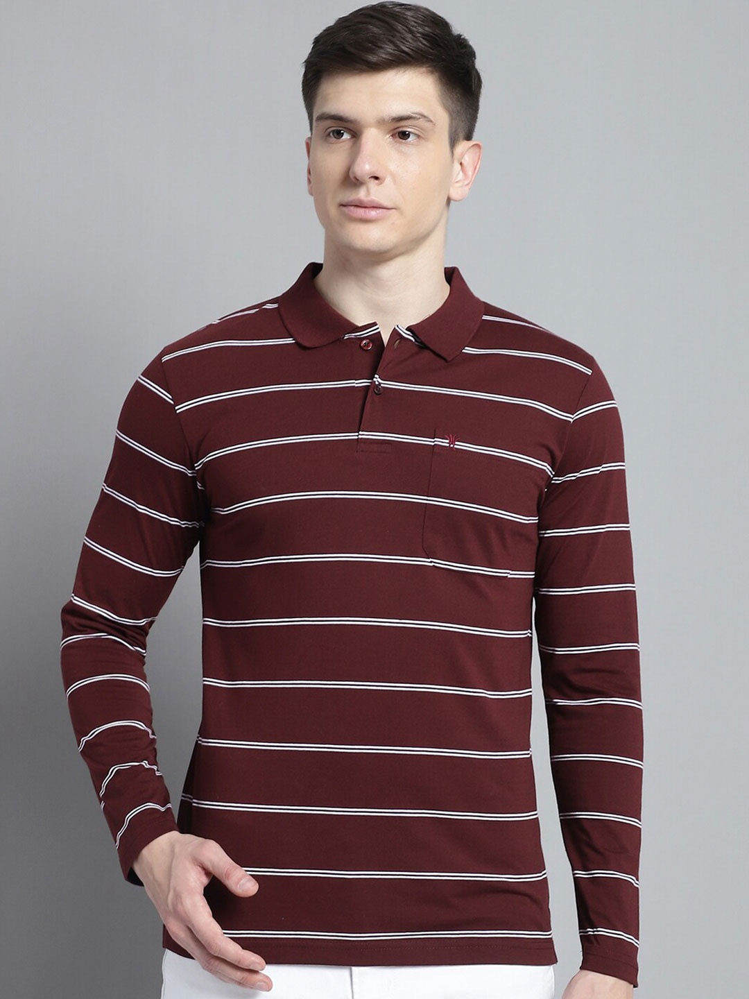 

VENITIAN Striped Polo Collar Cotton T-shirt, Maroon