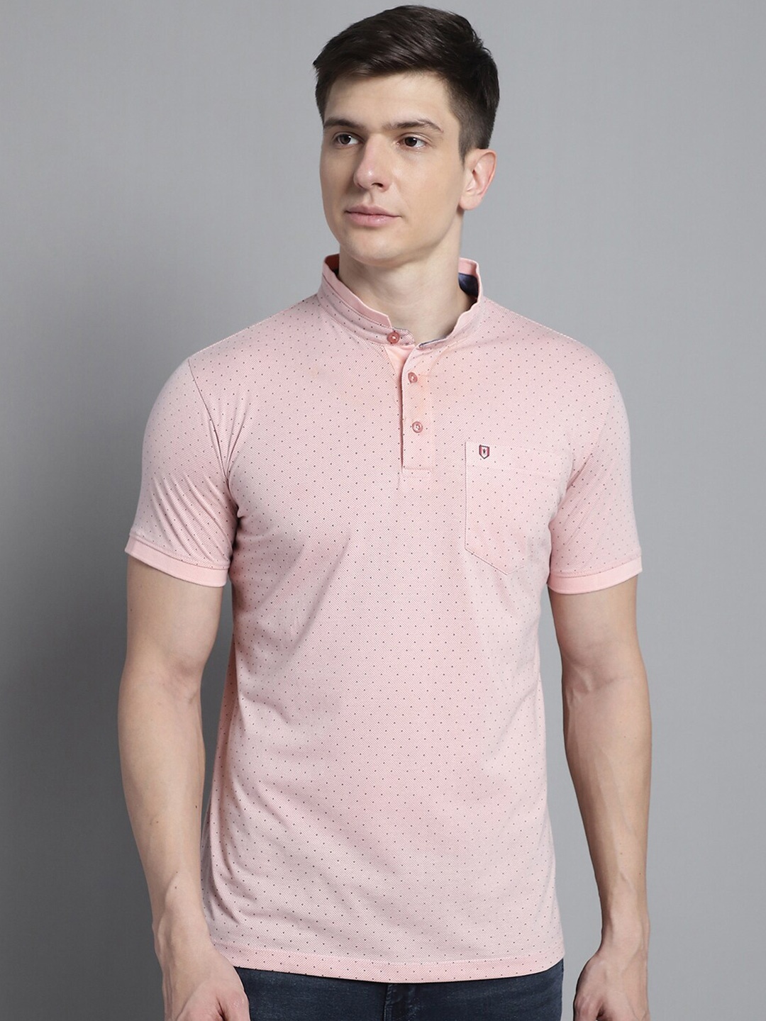 

VENITIAN Mandarin Collar Slim Fit Cotton T-shirt, Pink
