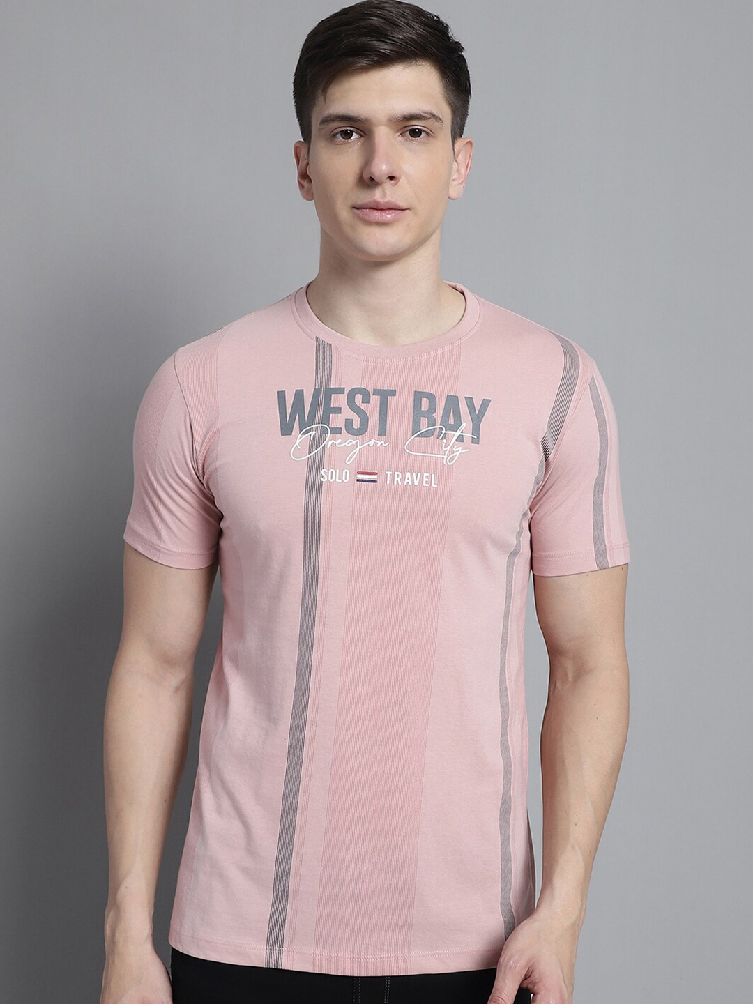 

VENITIAN Typography Printed Slim Fit Cotton T-shirt, Pink
