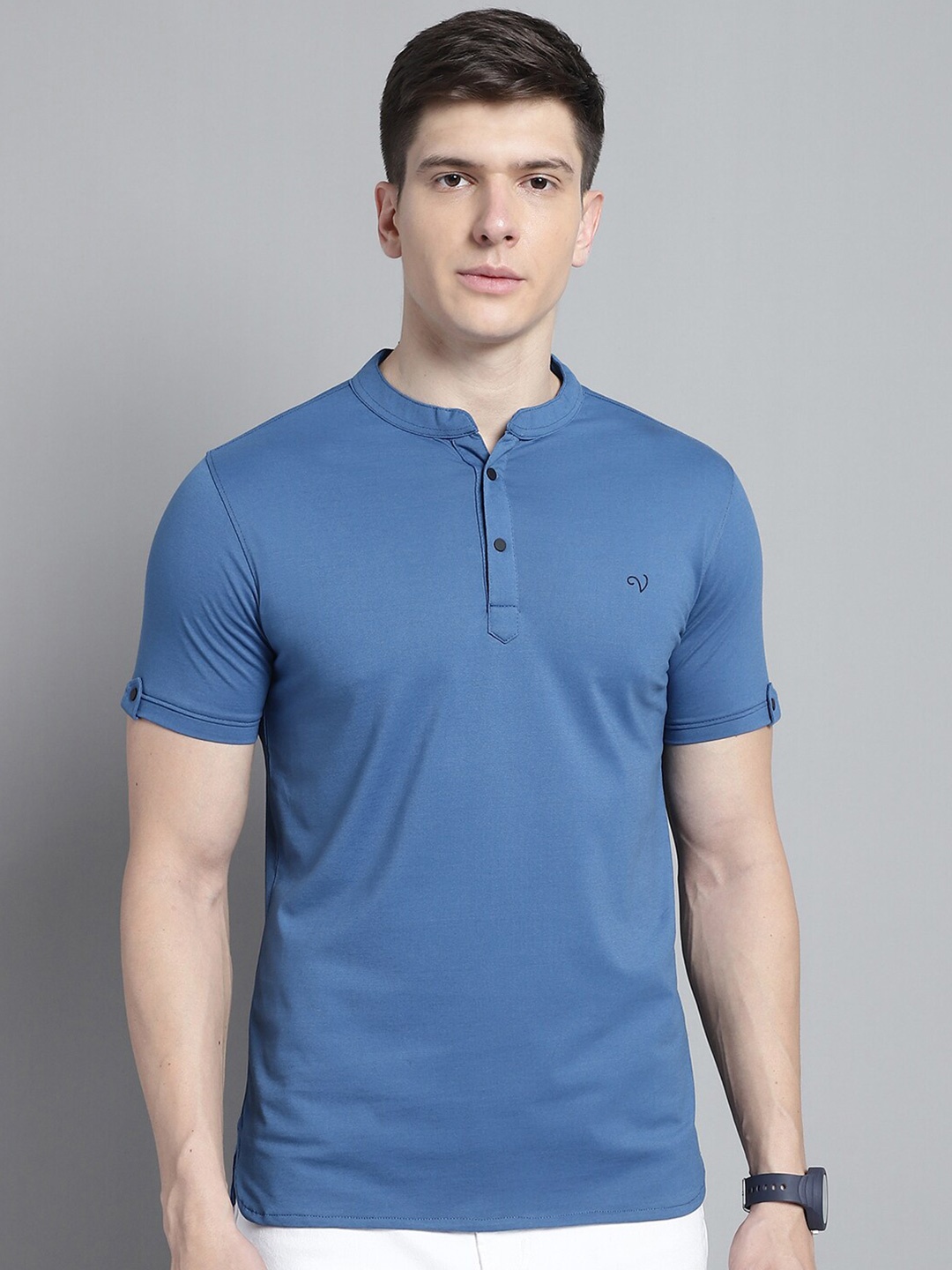 

VENITIAN Henley Neck Short Sleeves Slim Fit Cotton T-shirt, Blue