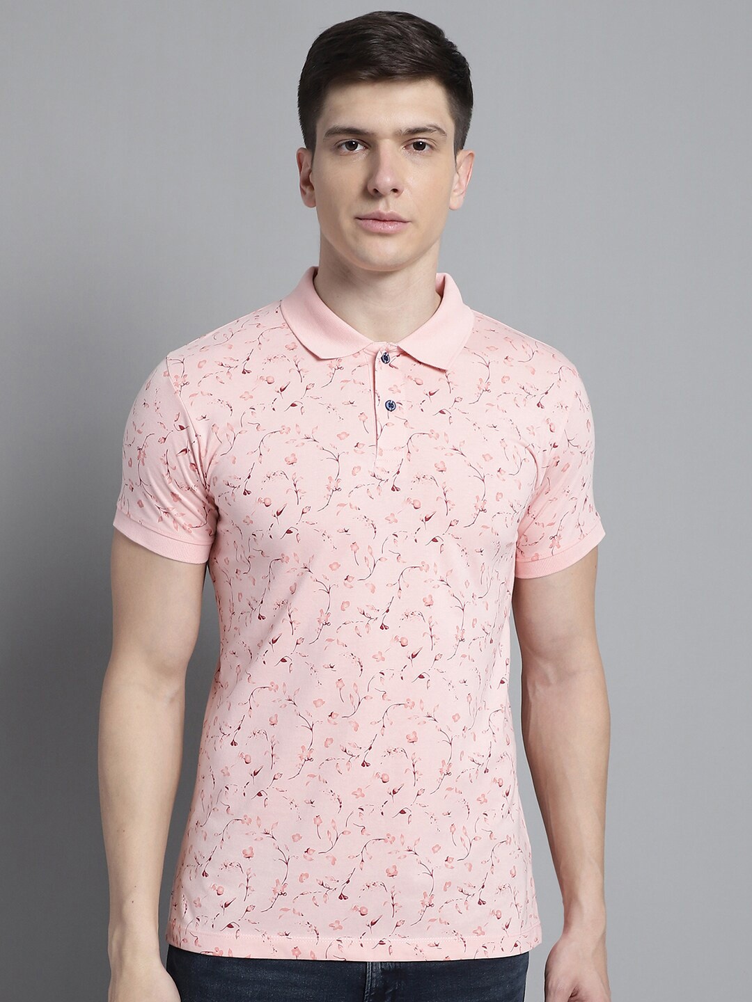 

VENITIAN Printed Polo Collar Short Sleeves Slim Fit Cotton T-shirt, Pink