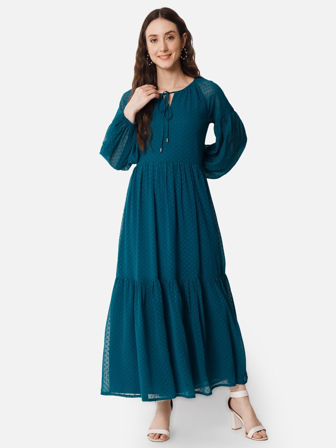

ALL WAYS YOU Self Design Tie-Up Neck Tiered Fit & Flare Maxi Dress, Teal
