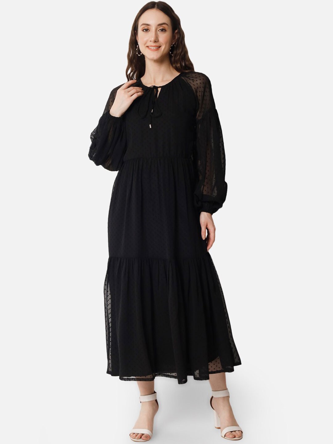 

ALL WAYS YOU Self Design Tie-Up Neck Puff Sleeve Tired Fit & Flare Midi Dress, Black