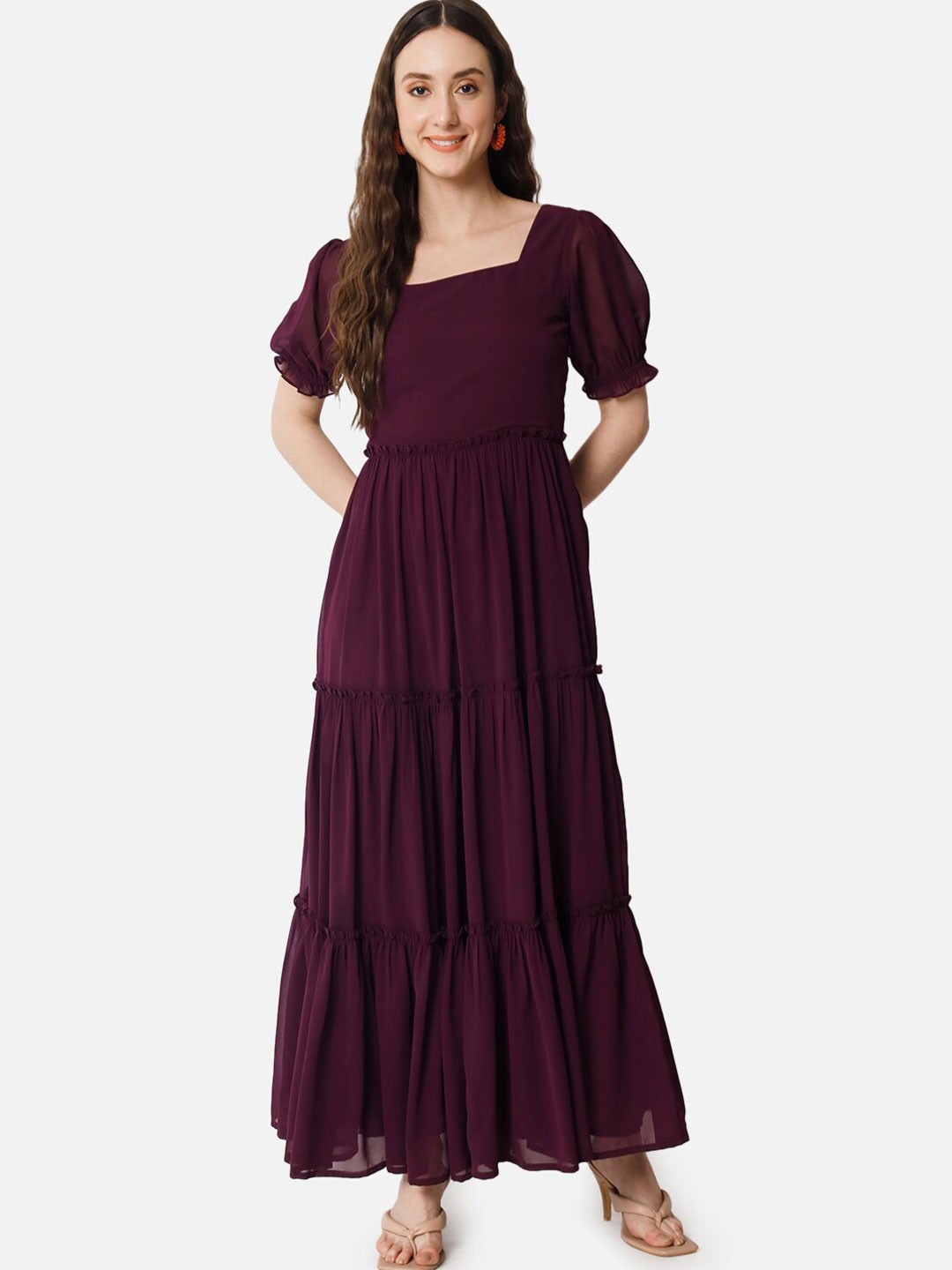 

ALL WAYS YOU Square Neck Puff Sleeves Tiered Fit & Flare Maxi Dress, Purple