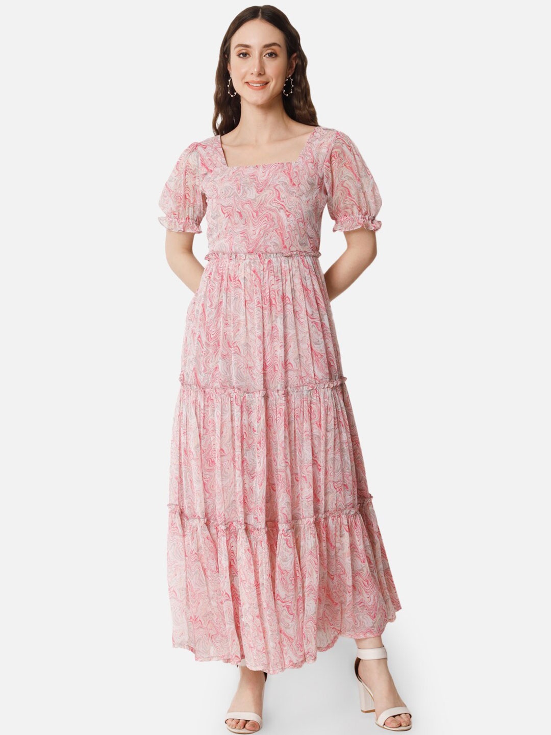 

ALL WAYS YOU Abstract Printed Puff Sleeves Tiered Fit & Flare Maxi Dress, Pink
