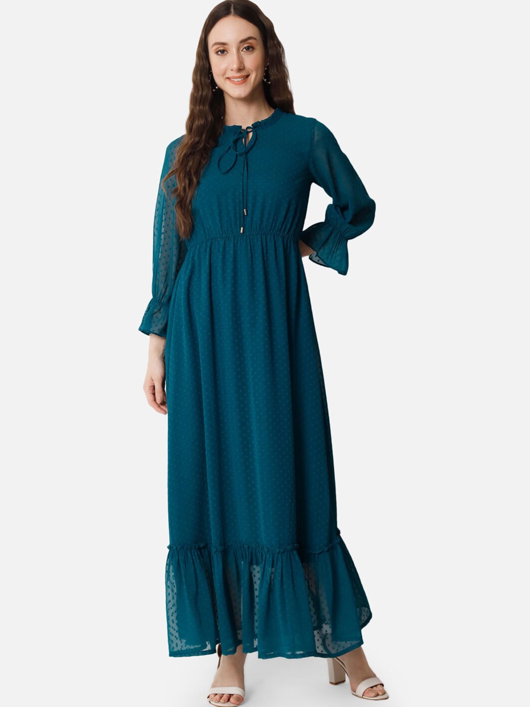 

ALL WAYS YOU Self Design Tie-Up Neck Bell Sleeves Fit & Flare Maxi Dress, Teal