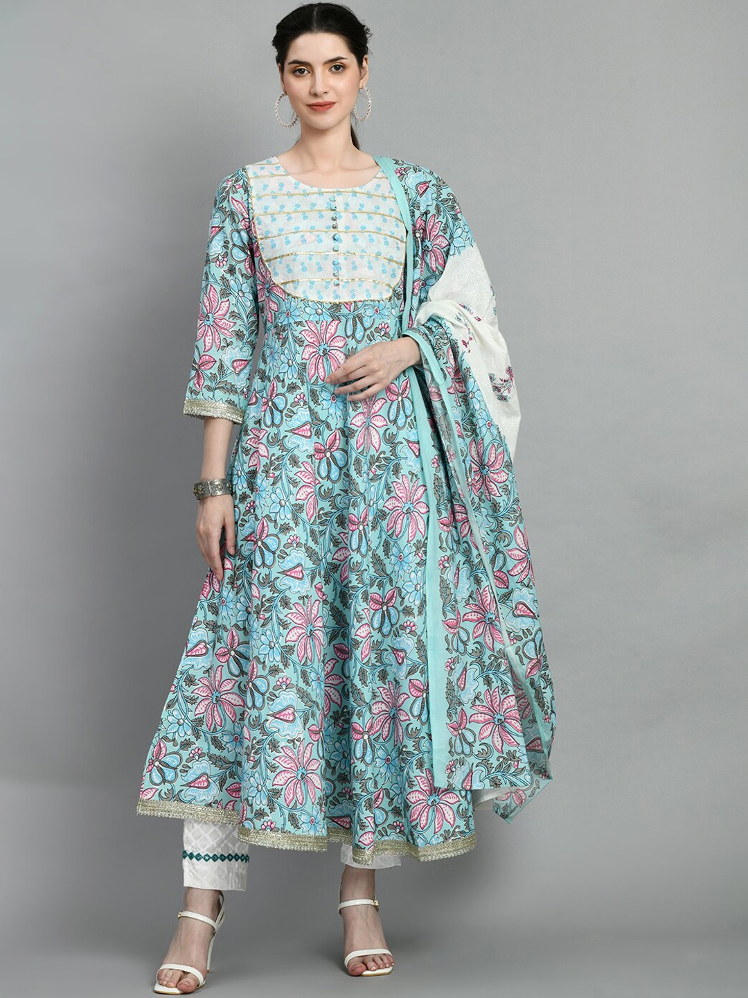 

Kurtipedia Floral Printed Regular Mirror Work Pure Cotton Kurta With Trousers & Dupatta, Blue