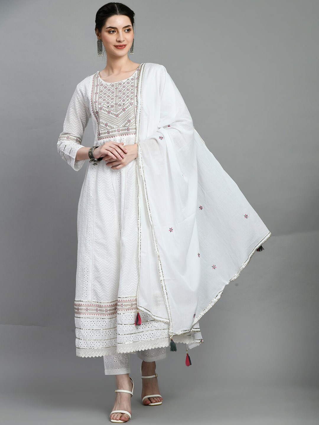 

Kurtipedia Floral Embroidered Mirror Work Pure Cotton Kurta With Trousers & Dupatta, White