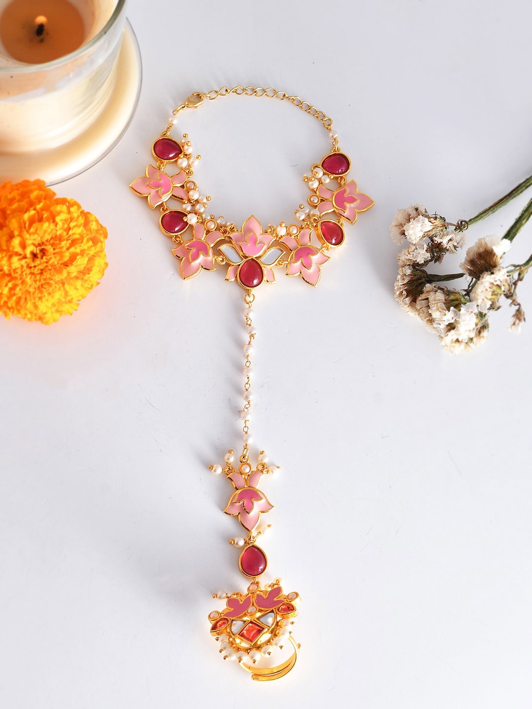

Voylla Gold-Plated Lotus Shaped Ring Bracelet