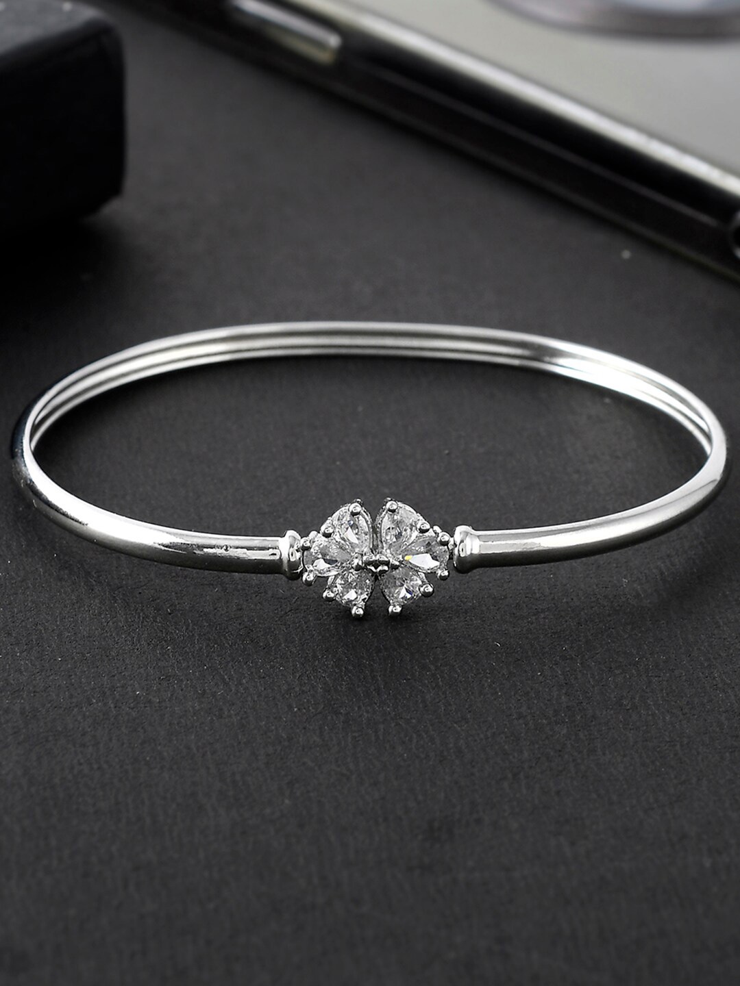 

Voylla Rhodium-Plated Cubic Zirconia Cuff Bracelet, Silver