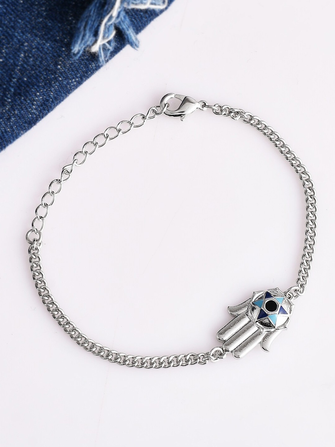 

Voylla Women Silver-Toned & Blue Brass Silver-Plated Link Bracelet