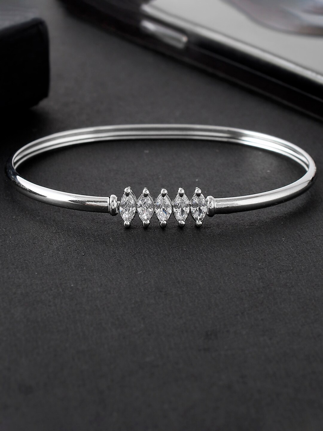 

Voylla Women Brass Rhodium-Plated Bangle-Style Bracelet, Silver