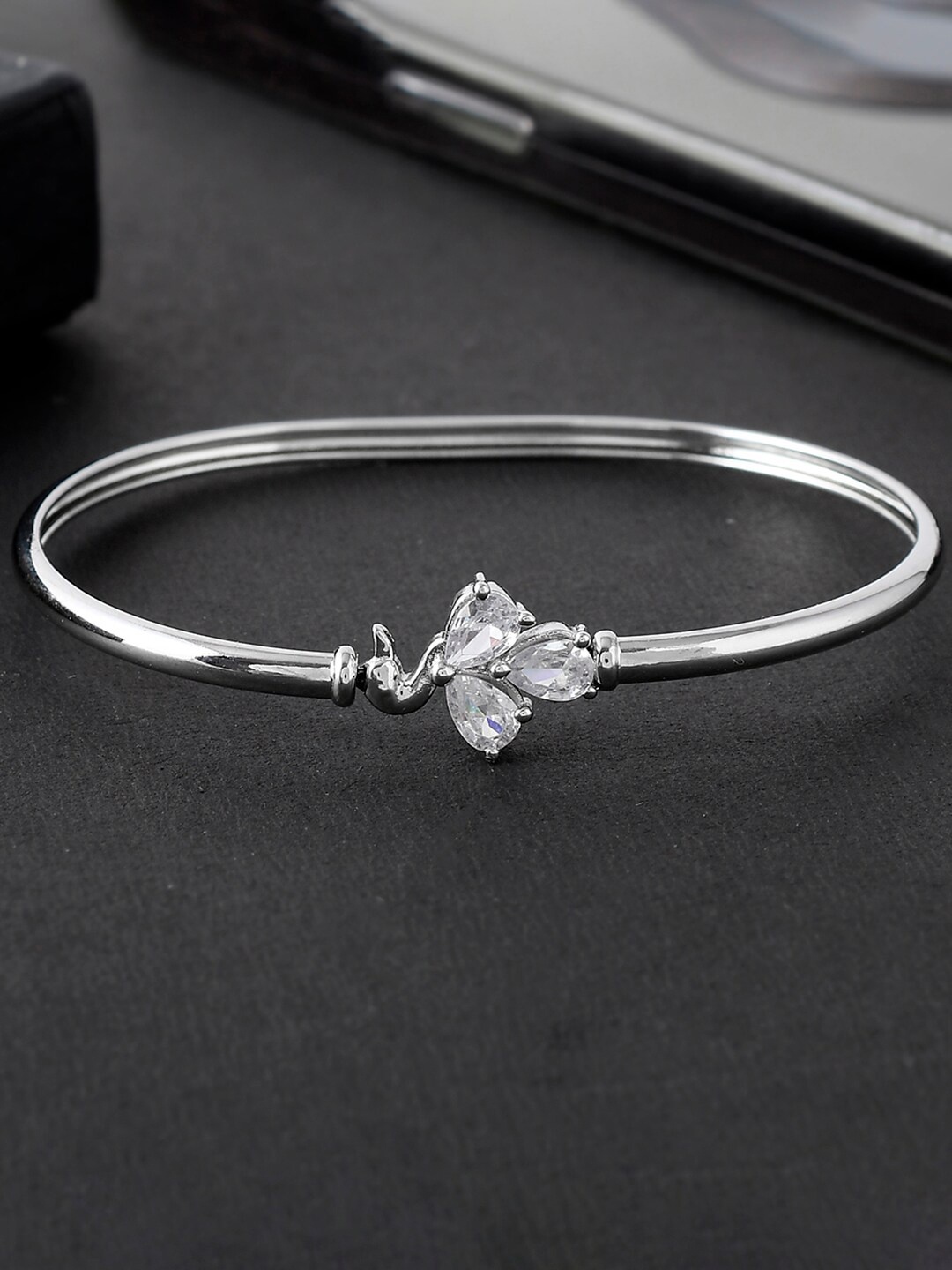 

Voylla Rhodium-Plated Cubic Zirconia Cuff Bracelet, Silver