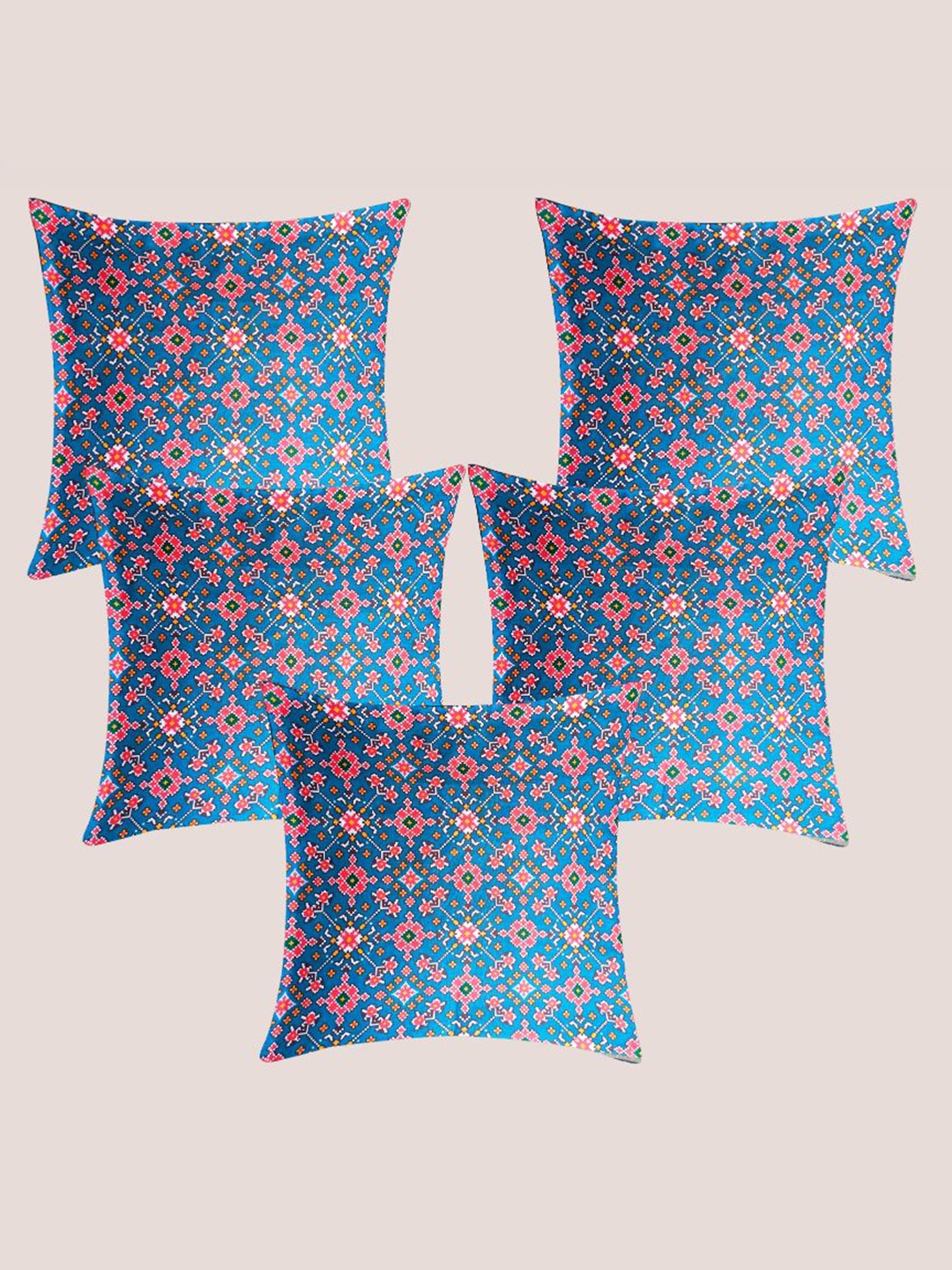 

Molcha Blue & Pink 5 Pieces Ethnic Motifs Printed Cotton Square Cushion Covers