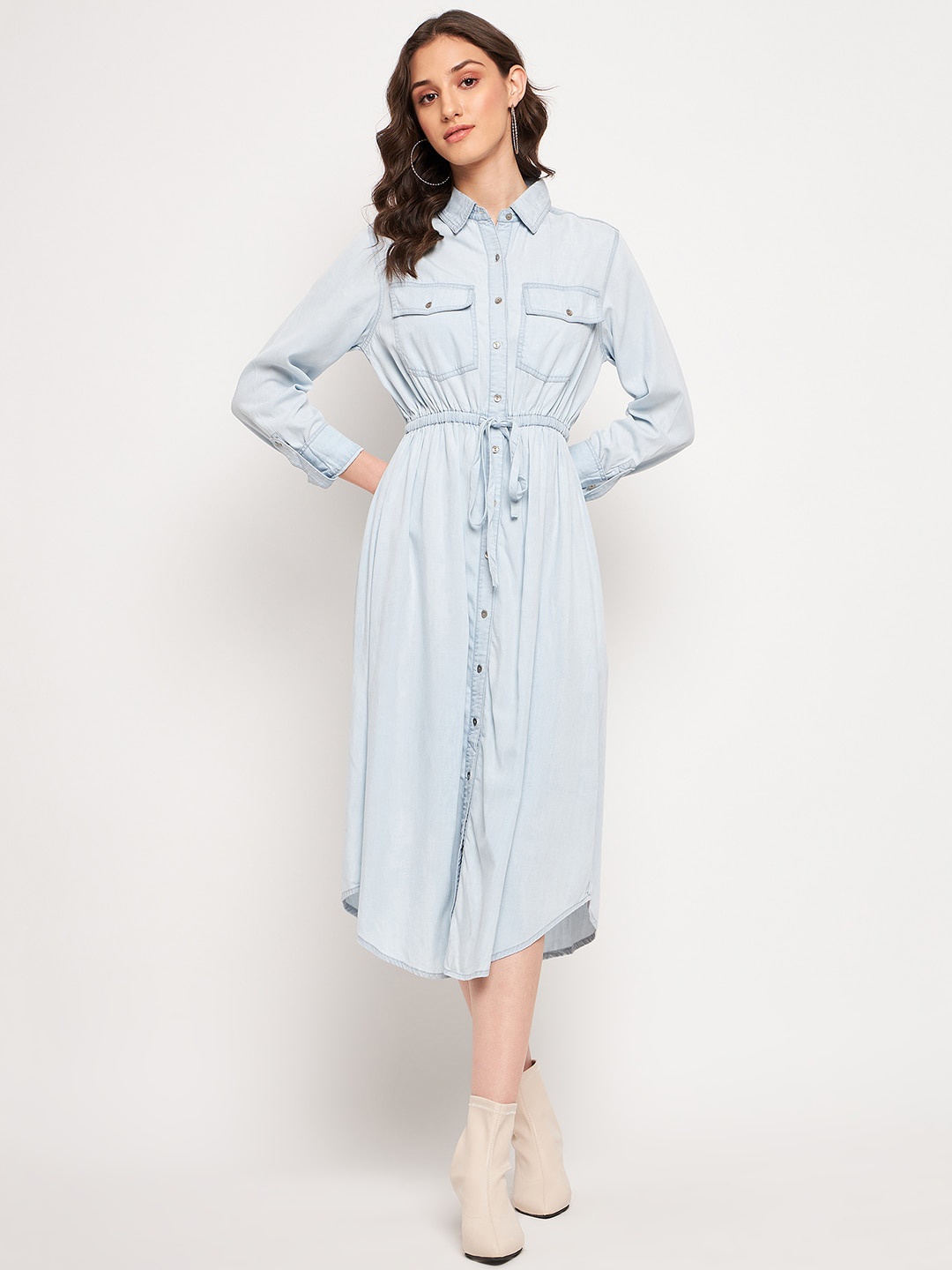 

CAMLA Shirt Collar Cuffed Sleeves Tie Ups Pocket Detailing Shirt Midi Dress, Blue