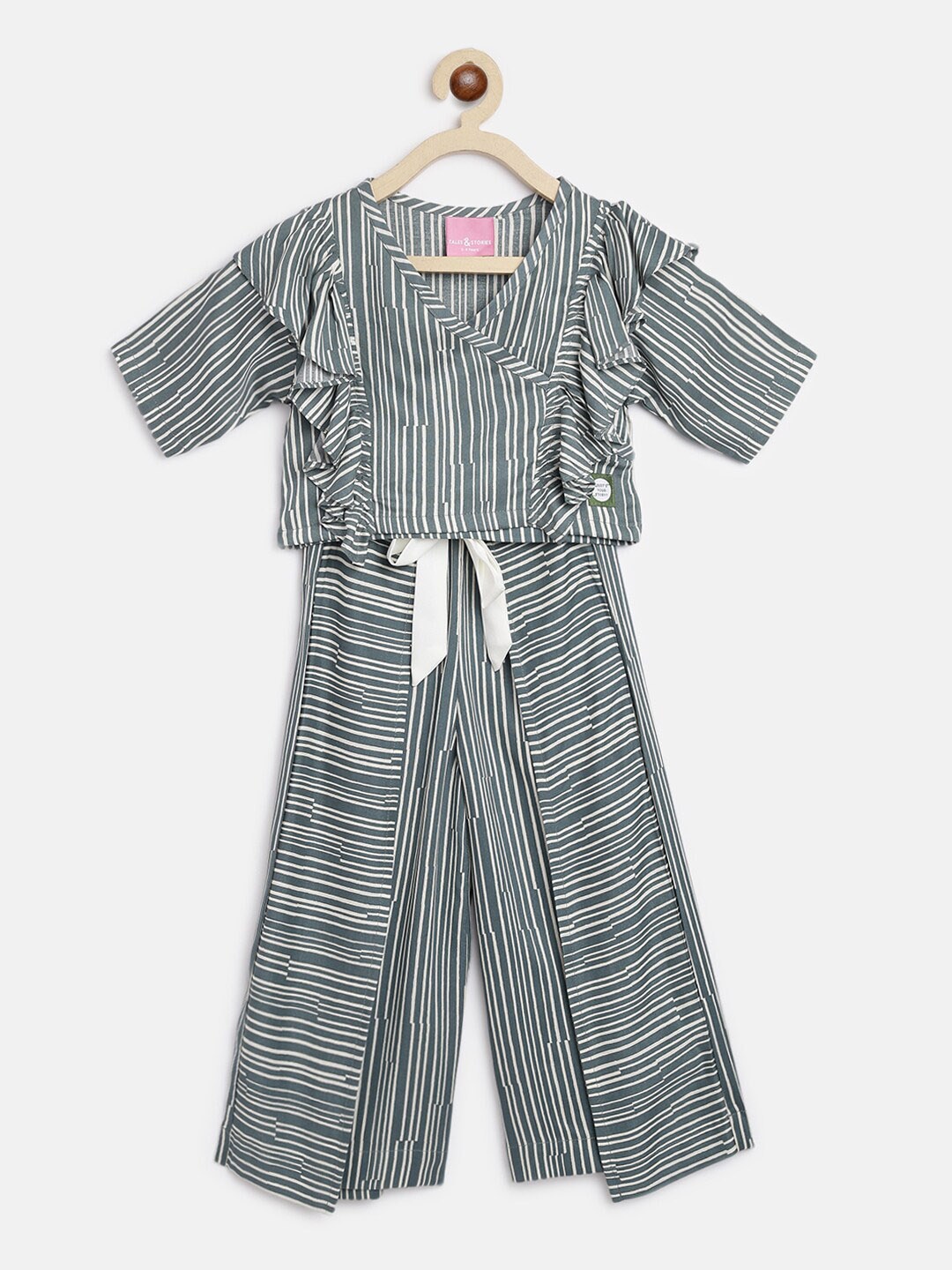

TALES & STORIES Girls Striped V-Neck Casual Straight Top with Palazzos, Grey