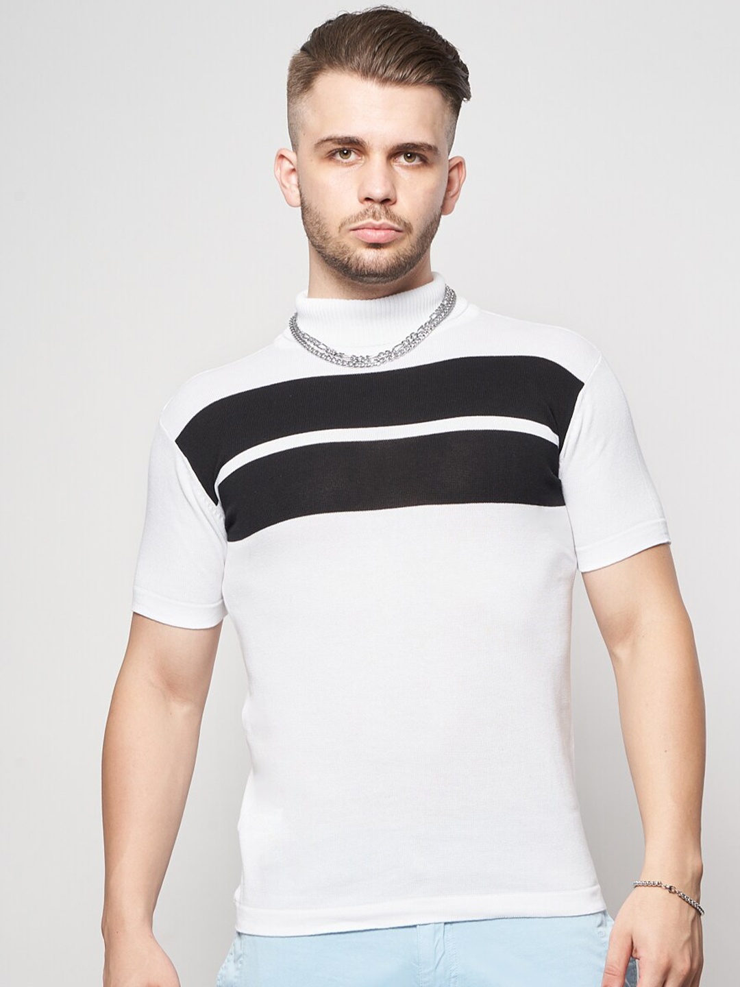 

7Shores Striped High Neck Cotton T-shirt, White