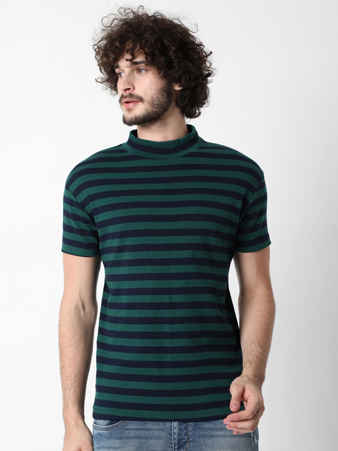 

7Shores Striped High Neck Cotton T-shirt, Green