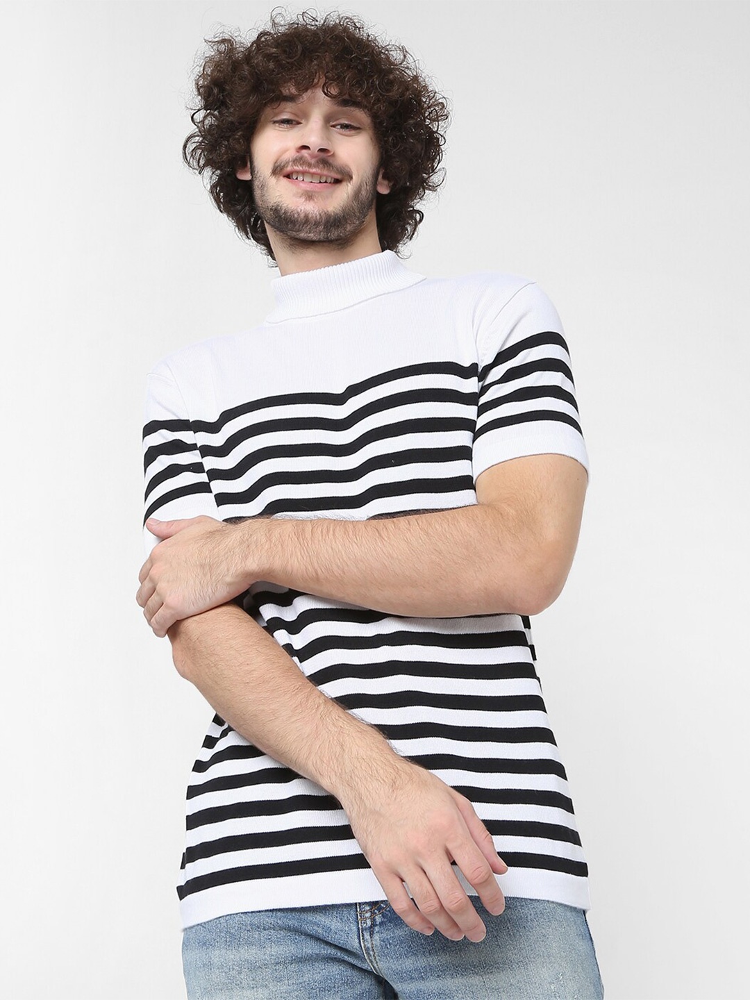 

7Shores Striped High Neck Cotton T-shirt, White
