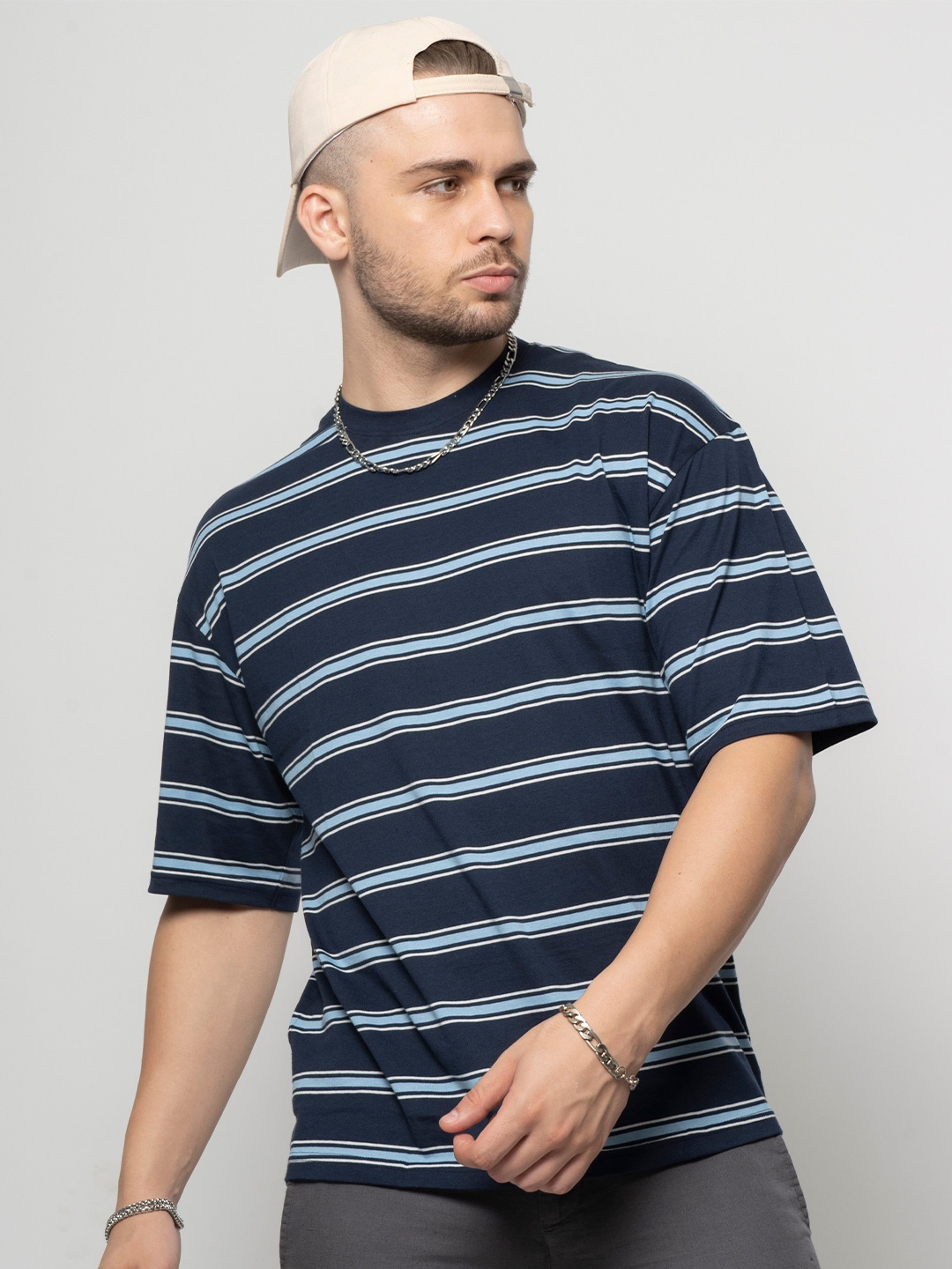 

7Shores Striped Drop-Shoulder Sleeve Cotton T-shirt, Navy blue