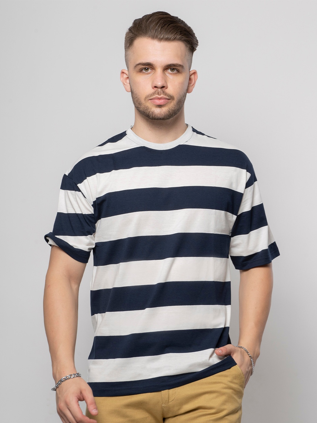 

7Shores Striped Drop-Shoulder Sleeve Cotton T-shirt, Navy blue