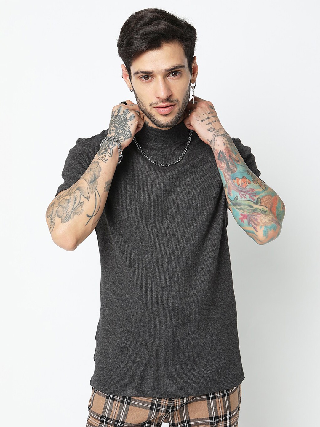 

7Shores High Neck Short Sleeve Cotton T-shirt, Grey