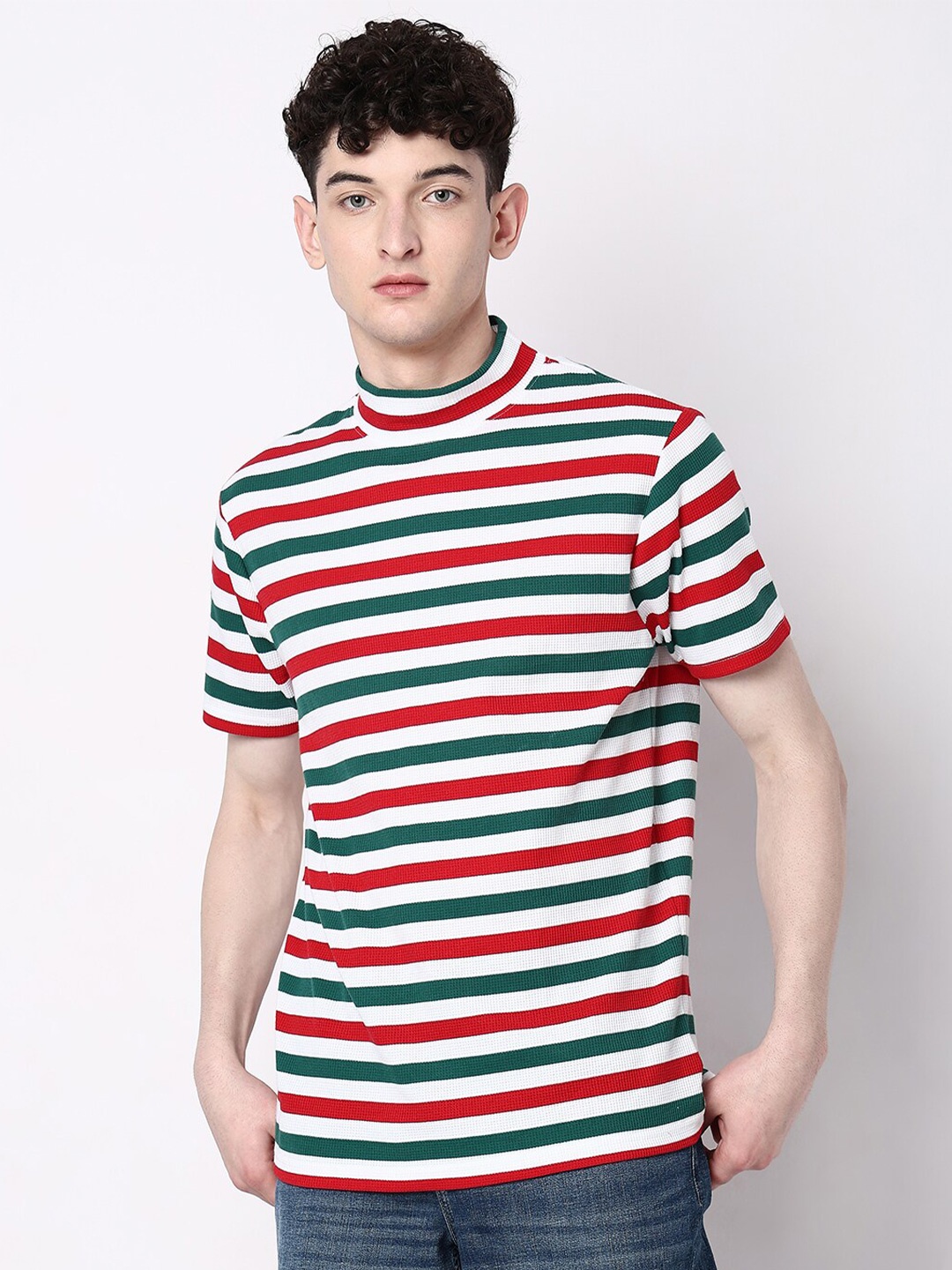 

7Shores Striped High Neck Cotton T-shirt, White