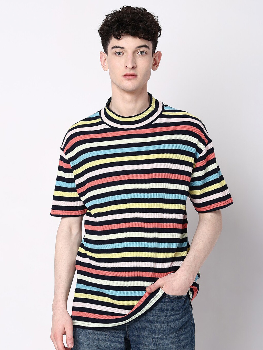 

7Shores Striped High Neck Drop-Shoulder Sleeve Cotton T-shirt, Black