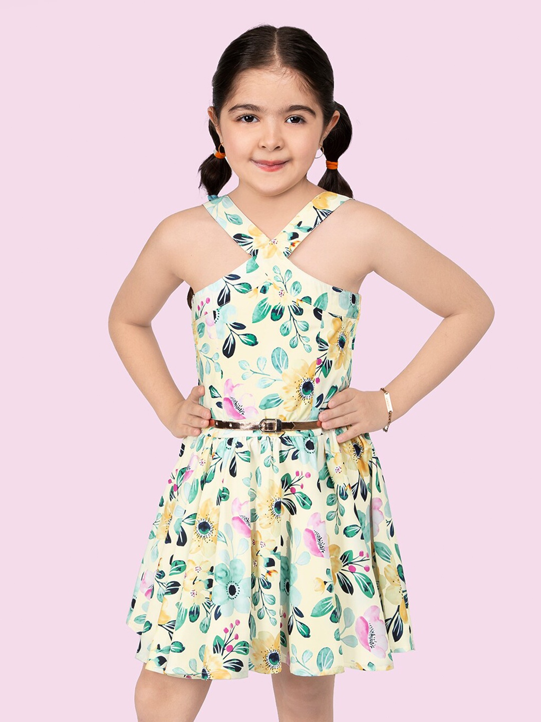 

Naughty Ninos Girls Floral Printed Shoulder Strap Fit & Flare Dress, Yellow
