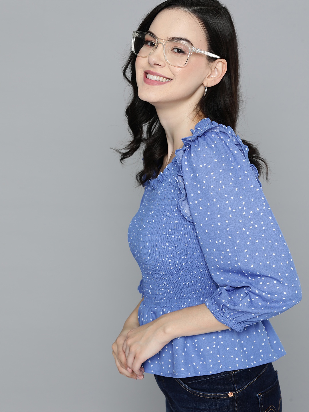 

Mast & Harbour Printed Puff Sleeve Smocked Crepe Peplum Top, Blue