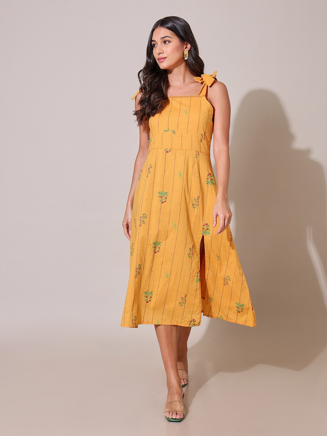 

Saaki Shouldeer Straps Ethnic Motifs Print A-Line Midi Dress, Mustard