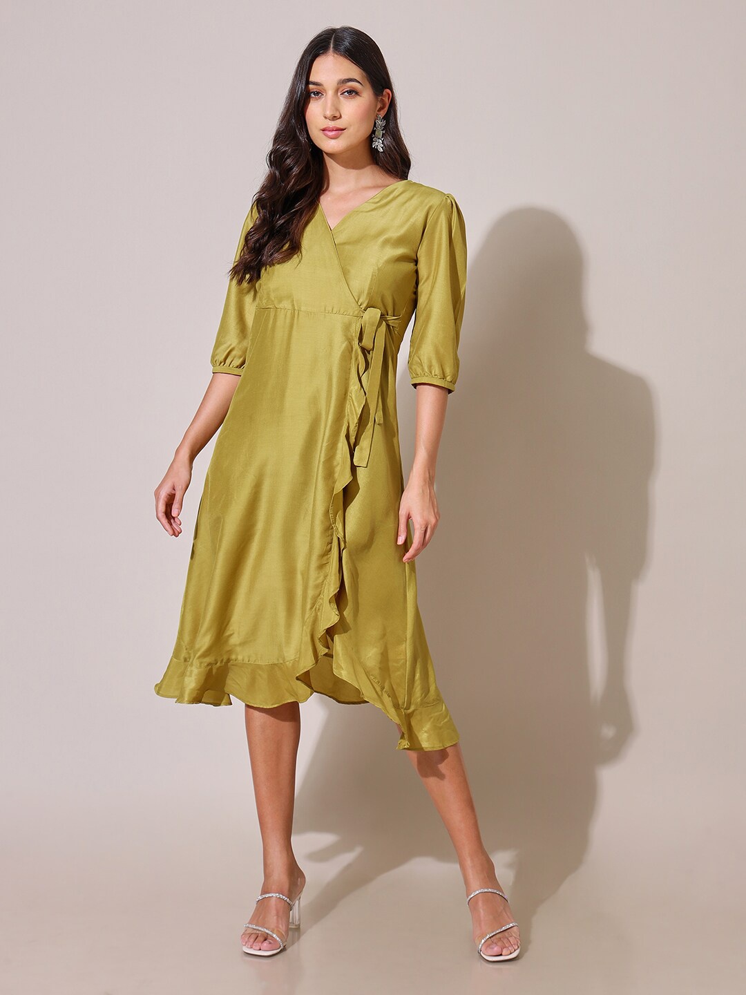 

Saaki Silk Ruffled Wrap Ethnic Dress, Green