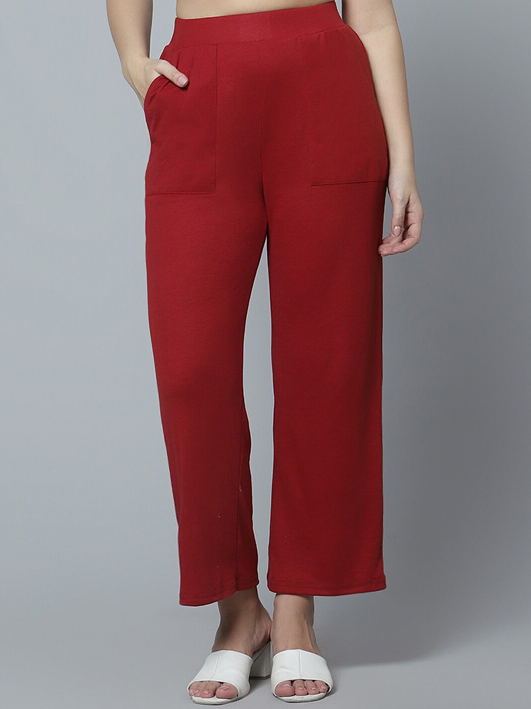 

DIAZ Women Relaxed Straight Leg Flared Cotton Pleated Trousers, Maroon