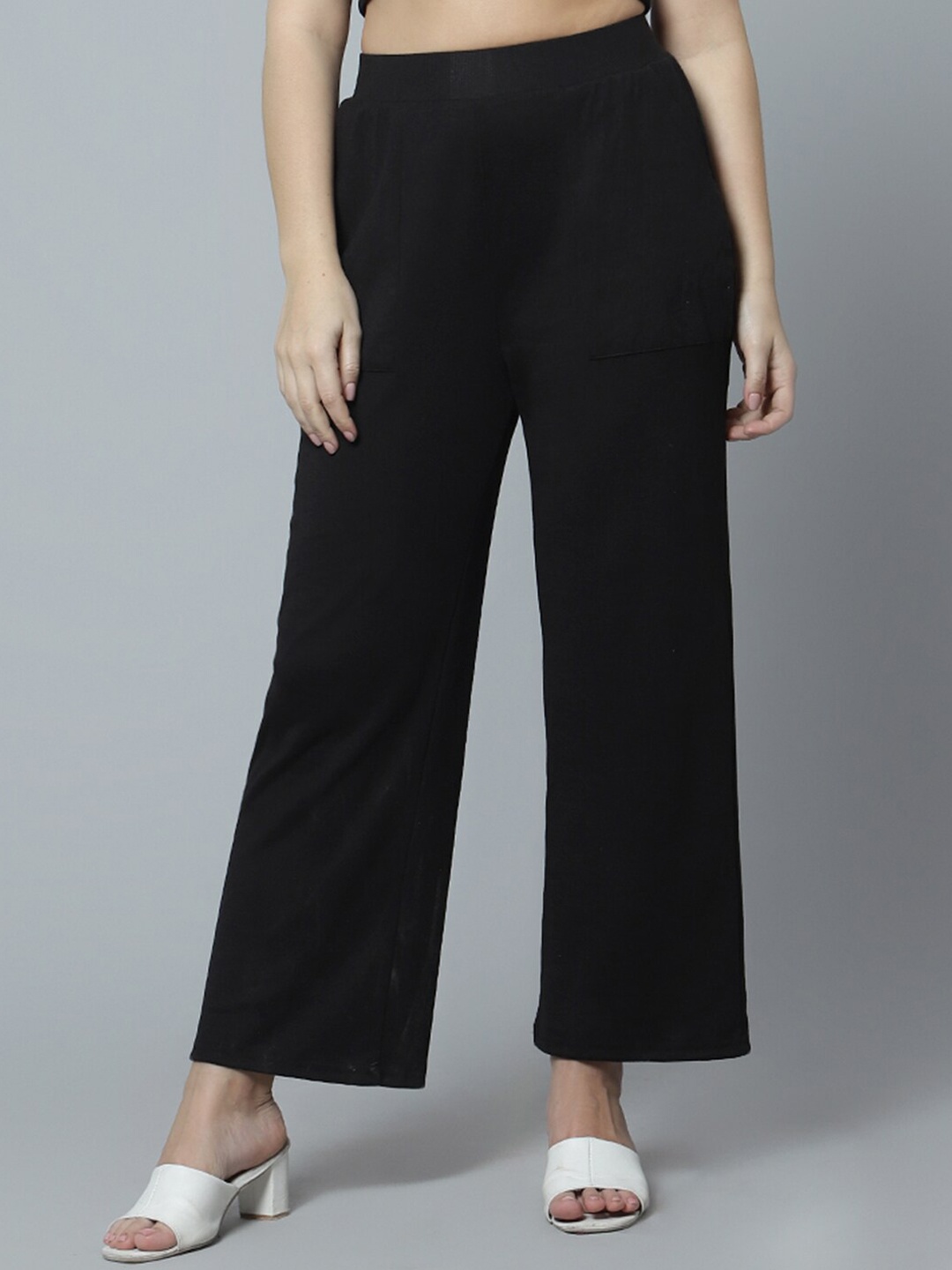 

DIAZ Women Relaxed Straight Leg Flared Cotton Pleated Trousers, Black