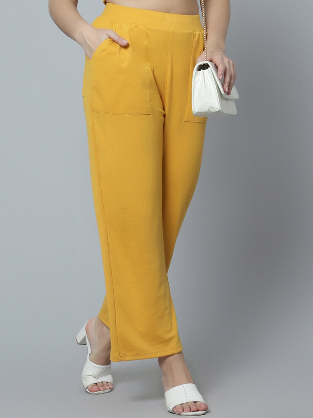 

DIAZ Women Relaxed Straight Leg Flared Cotton Pleated Trousers, Yellow