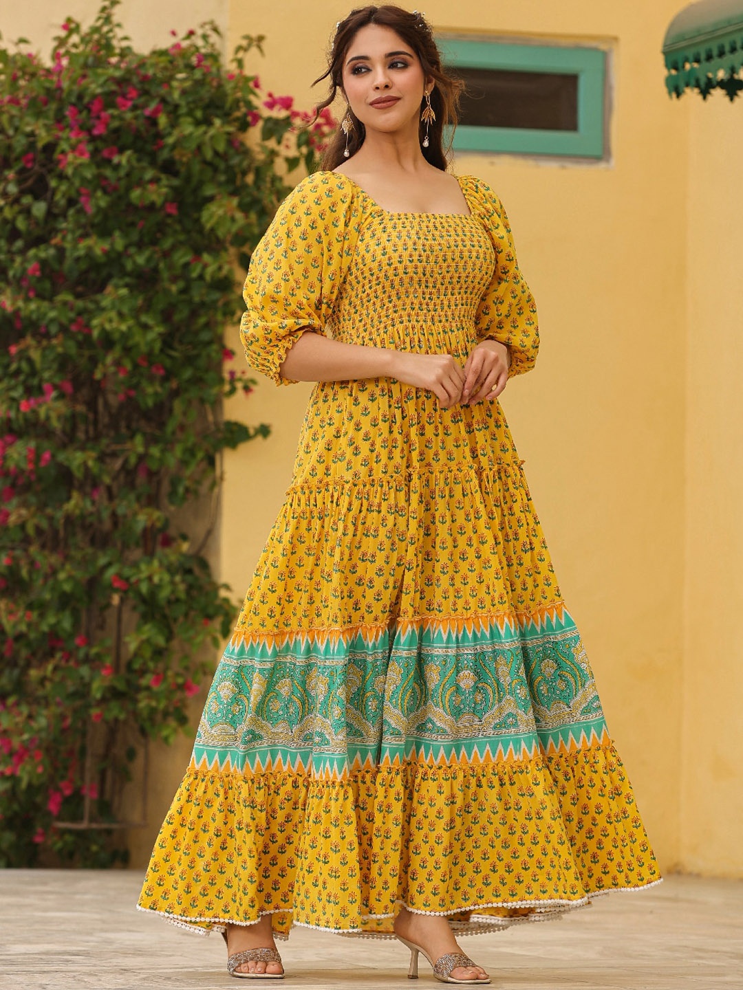 

EverBloom Ethnic Motifs Printed Tiered Maxi Dress, Yellow