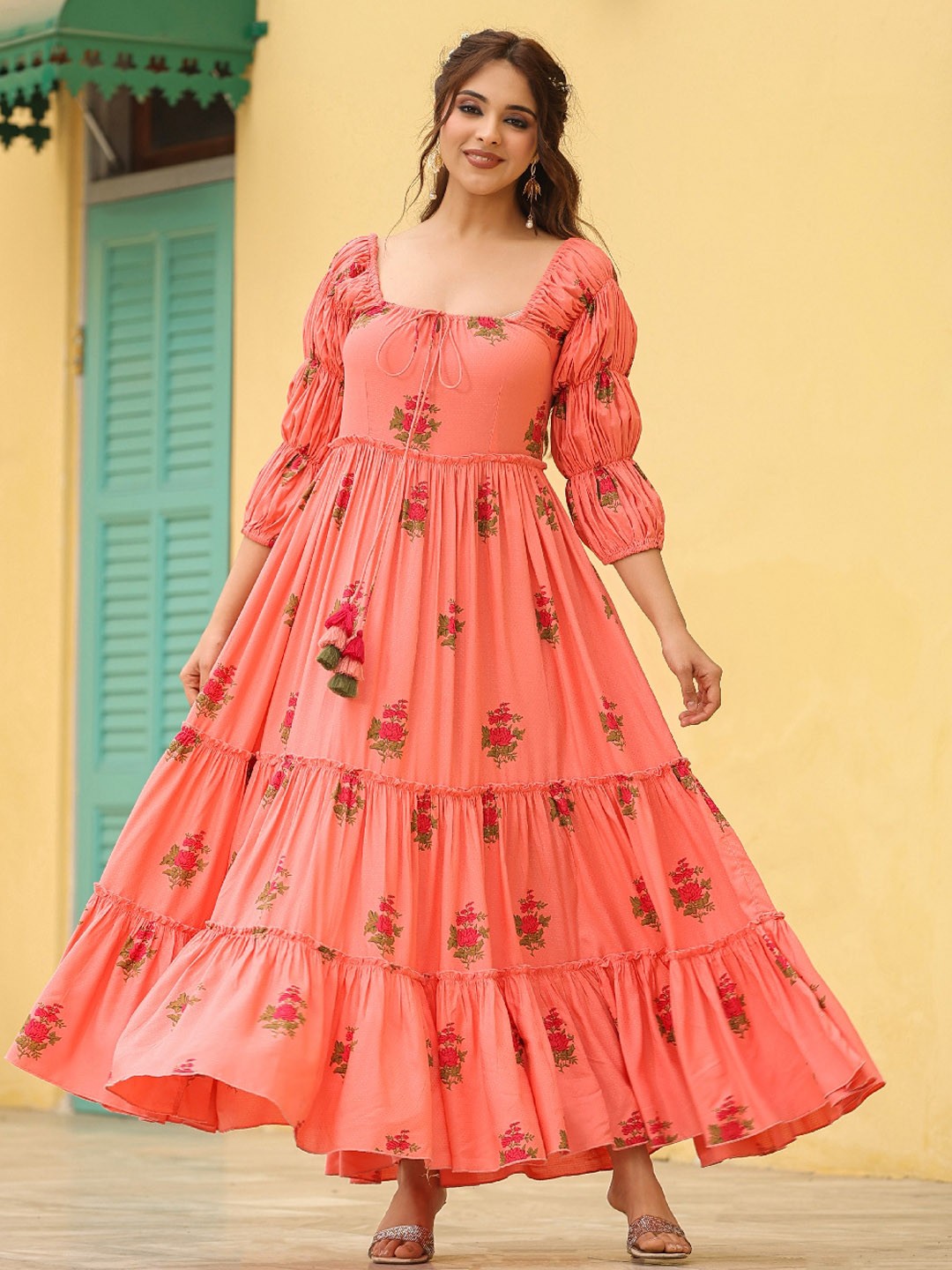 

EverBloom Floral Printed Fit & Flare Maxi Dress, Peach